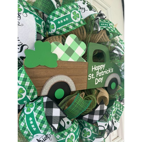 Saint Patrick’s Day Truck Farmhouse Mesh & Ribbon Wreath Door Hanger - Picture 2 of 7
